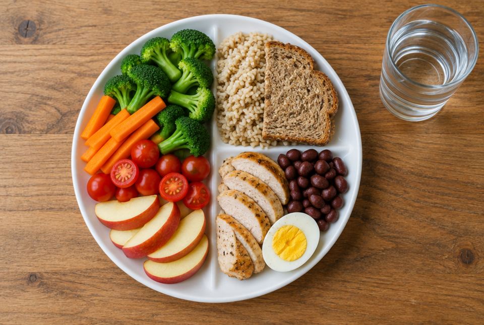 A plate with vegetables and fruit on half, rice and whole grain bread on a quarter, and chicken, beans and an egg on a quarter, beside a glass of water.
