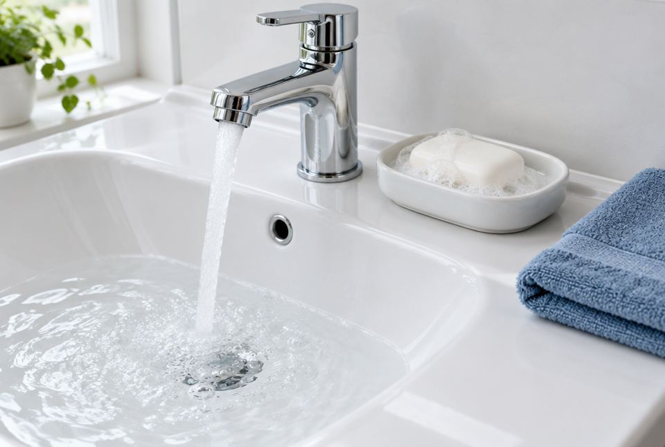 A bathroom sink with water running from the tap, a bar of soap with bubbles and a blue hand towel.