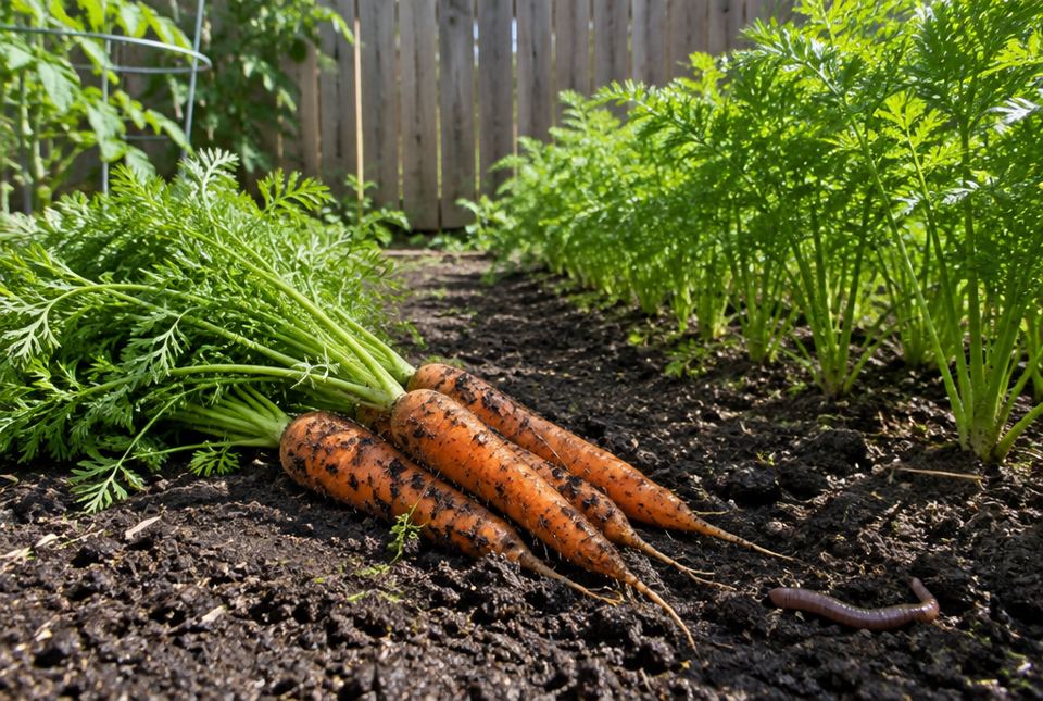 Freshly pulled carrots covered in dirt lying in a backyard garden, with an earthworm on the soil nearby.