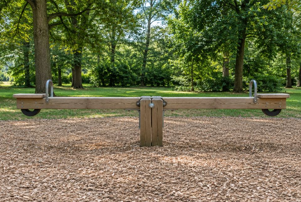 An empty wooden seesaw in a park, sitting perfectly level.