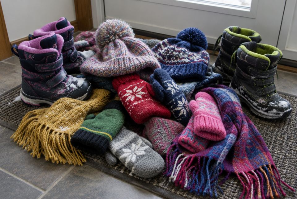 A messy pile of tuques, mittens, scarves and snowy winter boots on a mat by a door.