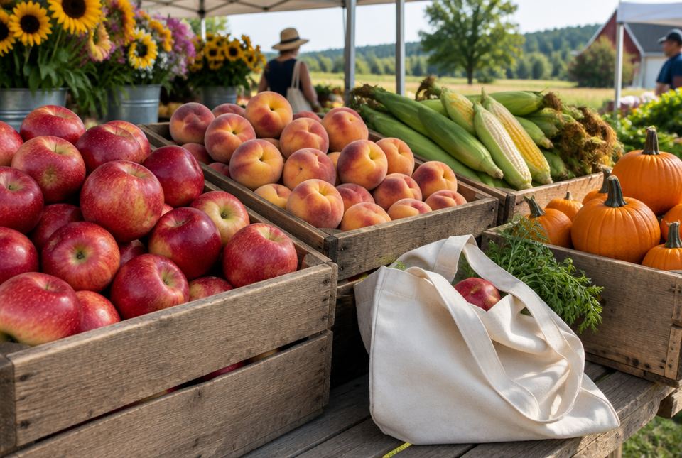 Wooden crates of apples, peaches, corn and pumpkins at an outdoor farmers' market, with a cloth shopping bag.