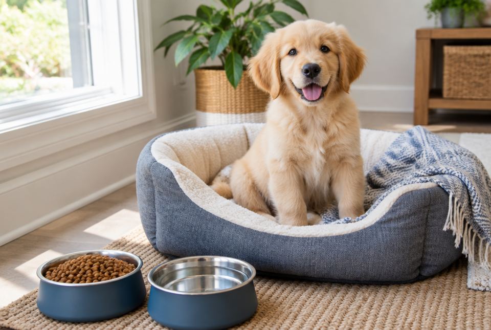 A golden puppy sitting in a soft dog bed next to a bowl of food and a bowl of water.