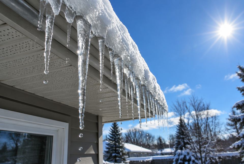 Icicles dripping water from a snowy roof edge on a sunny winter day.