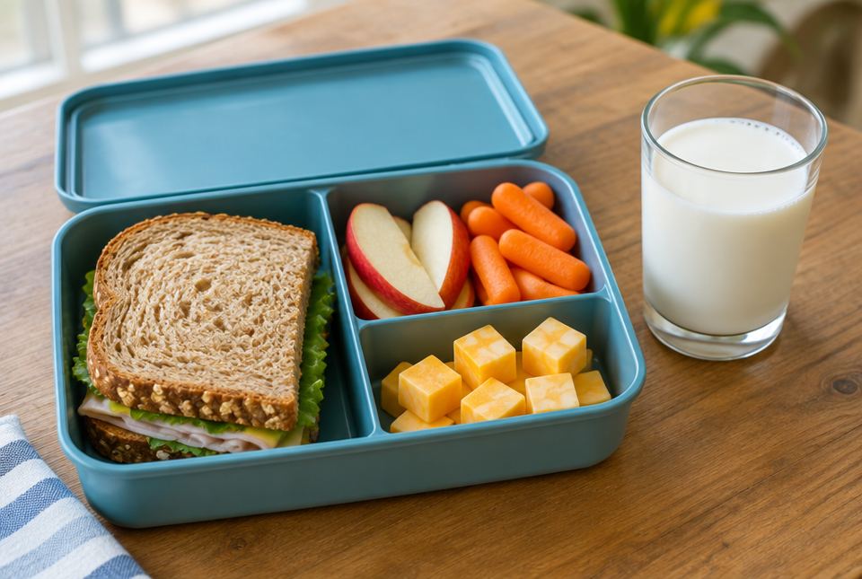 A lunch box with a sandwich, apple slices, baby carrots and cheese cubes, next to a glass of milk.