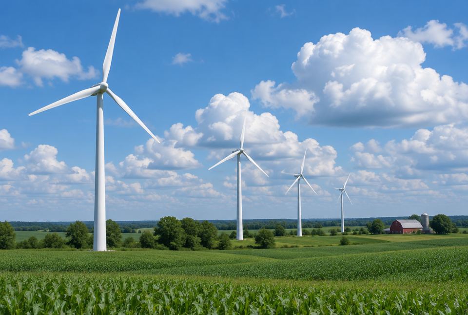Tall white wind turbines standing in green farm fields under a blue sky.