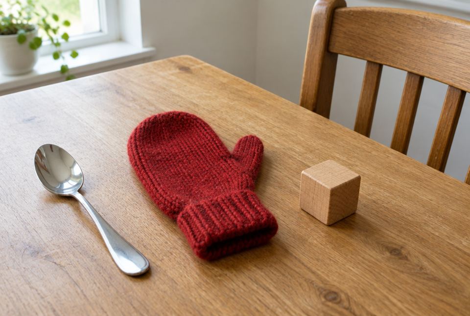 A metal spoon, a red knitted mitten and a wooden block on a wooden table.