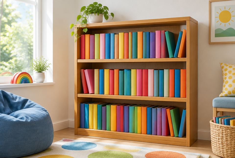 A wooden bookshelf with three shelves full of colourful books.