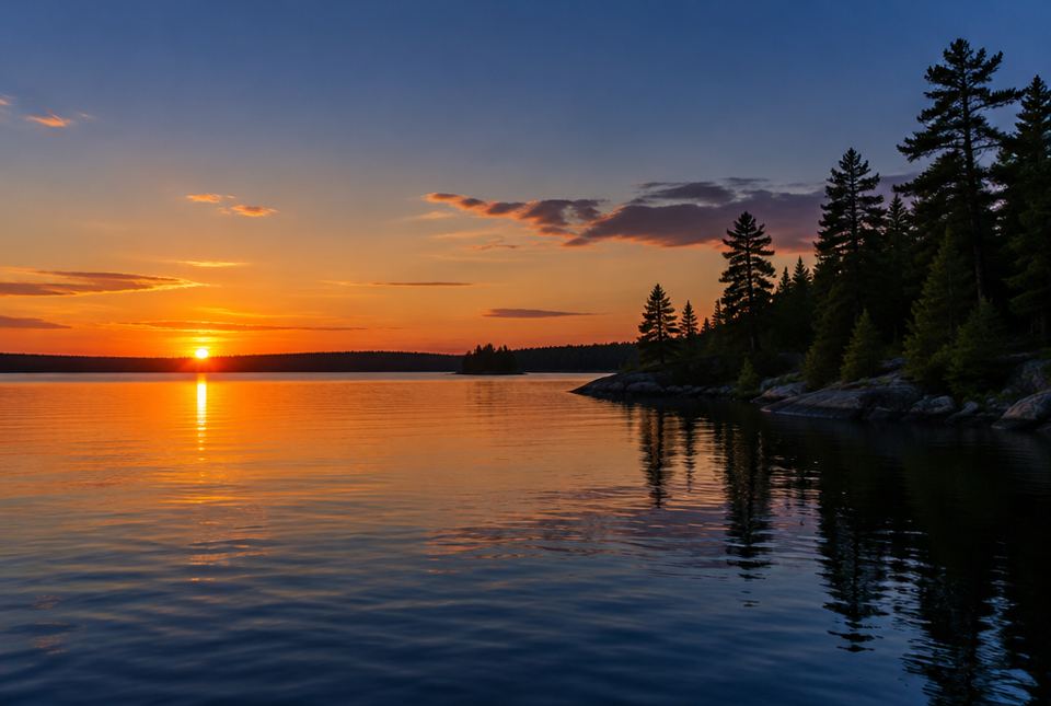 The Sun setting over a calm lake with pine trees on the shore.