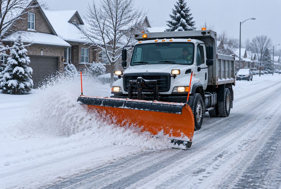 A snowplow truck clearing snow from a neighbourhood street.