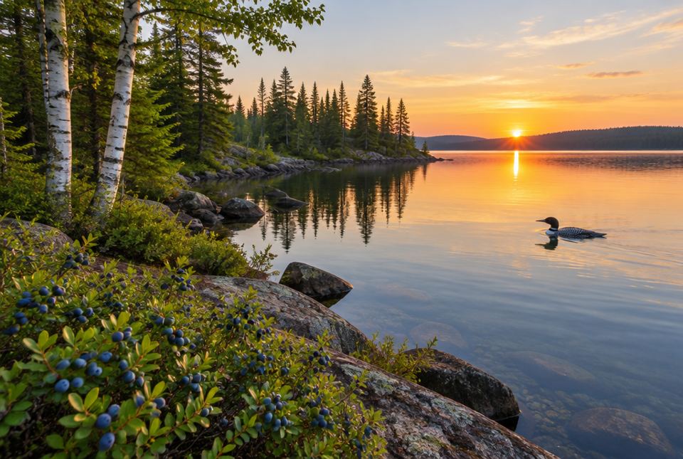 A loon swims on a calm northern lake at sunset, with blueberry bushes and birch trees on the rocky shore.