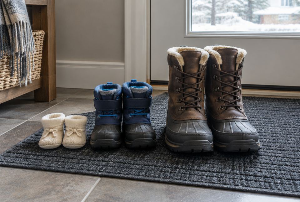 Three pairs of footwear on a doormat: tiny knitted baby booties, child-sized winter boots and large adult winter boots.