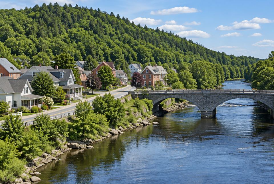 A small town with houses and a road beside a river, with a stone bridge and a forested hill.
