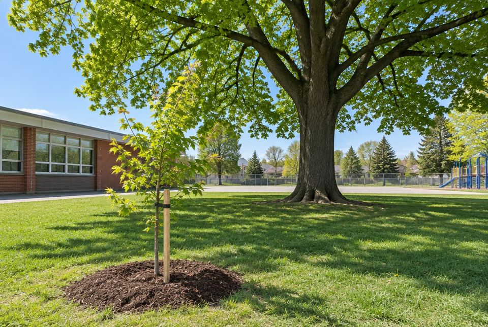 A young tree newly planted in a schoolyard next to a big shady tree.