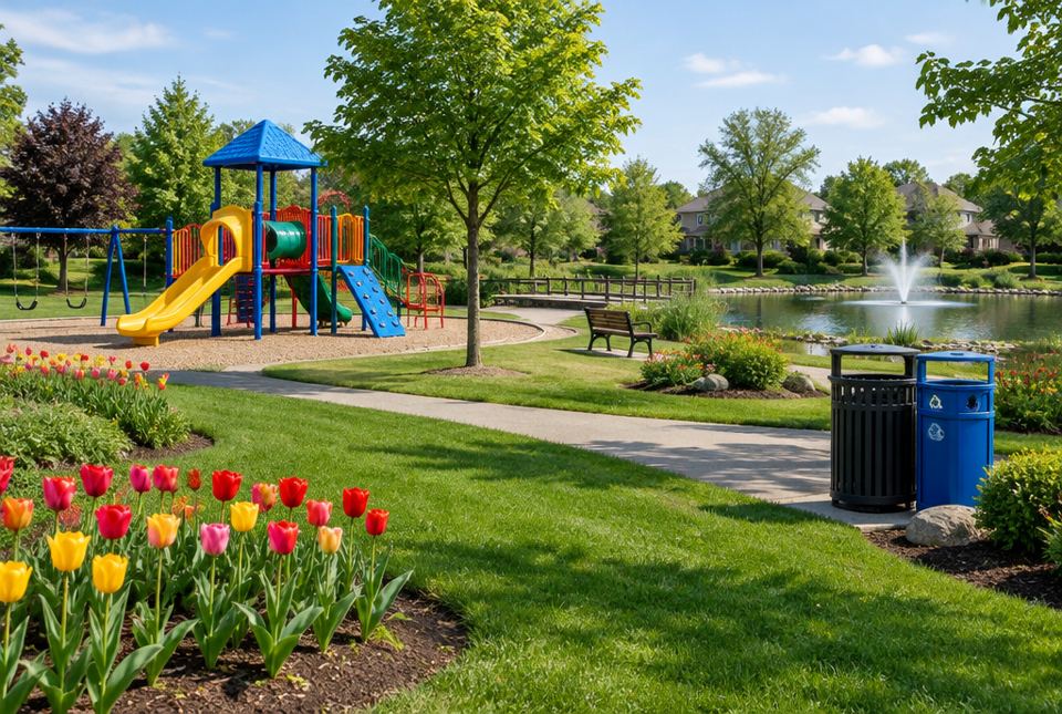 A tidy community park with a playground, tulip beds, a bench, a pond and garbage and recycling bins.