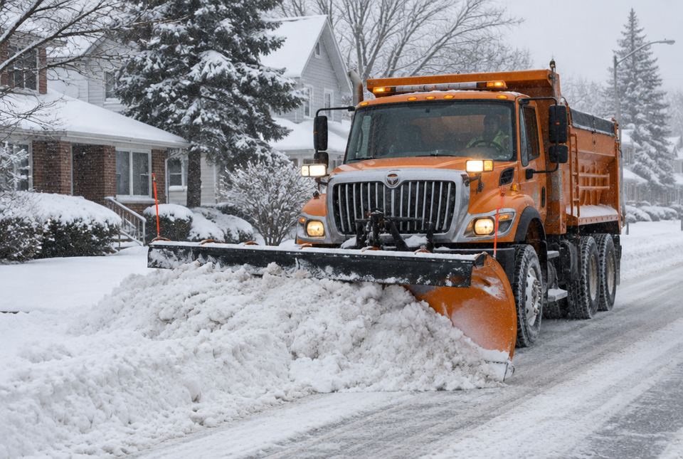 An orange snowplough pushes a pile of snow along a snowy street.