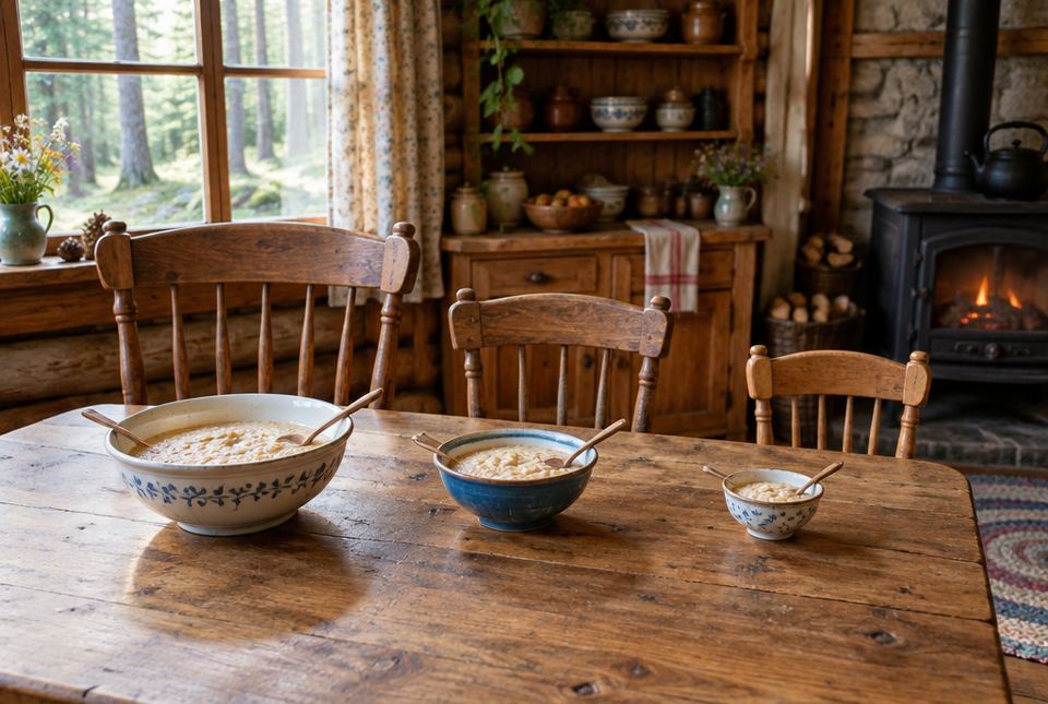 Three bowls of porridge, big, medium and small, on a wooden table in a cozy cabin with three chairs.