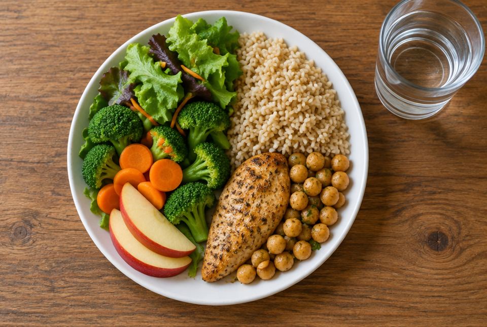 A plate that is half vegetables and fruit, one quarter brown rice and one quarter chicken and chickpeas, with a glass of water.