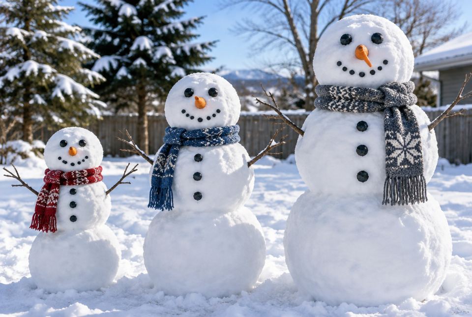 Three snowmen of different sizes standing in a snowy yard, each wearing a knitted scarf.