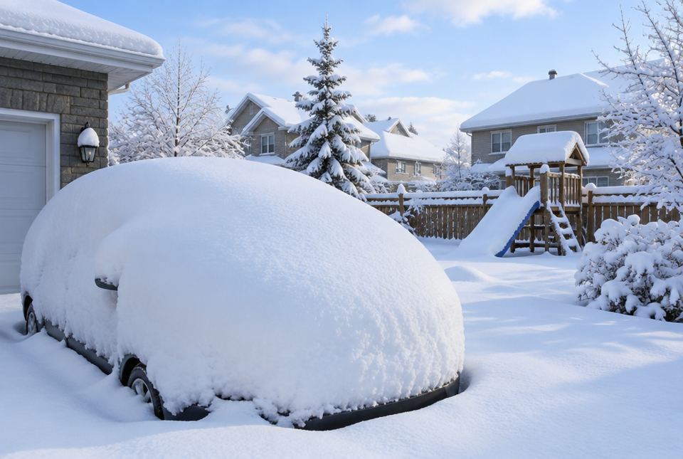 A car in a driveway buried under a thick, rounded blanket of fresh snow, with a snowy slide behind it.