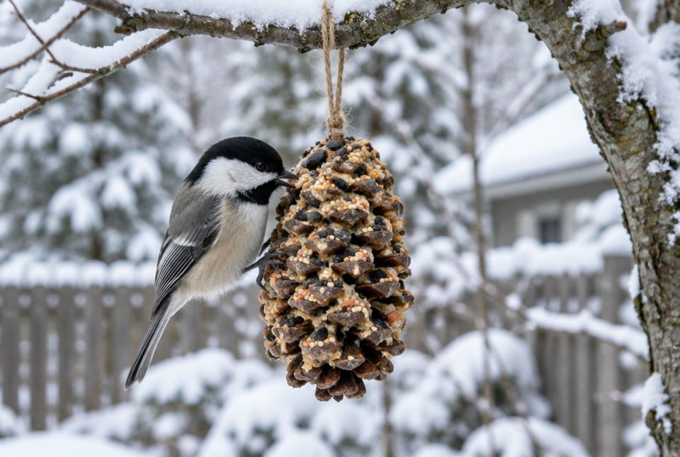 A black-capped chickadee eats from a pine cone covered in birdseed hanging from a snowy branch.