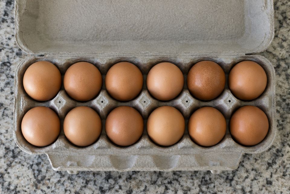 An open carton of twelve brown eggs arranged in two rows of six.