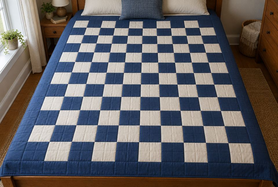 A quilt on a bed made of dark blue and cream squares in a checkerboard pattern.