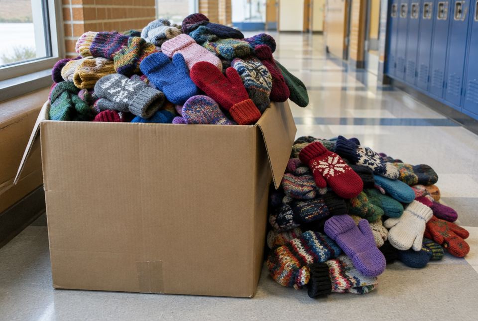 A cardboard box overflowing with colourful knitted mittens, with more mittens piled beside it in a school hallway.