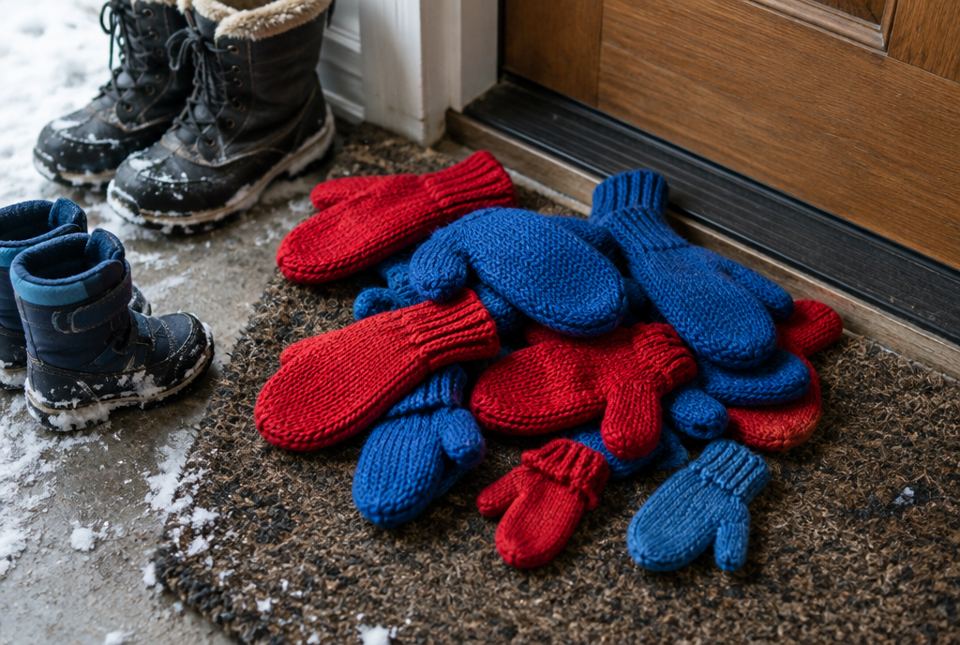 A messy pile of red and blue knitted mittens, some big and some small, on a doormat next to winter boots.
