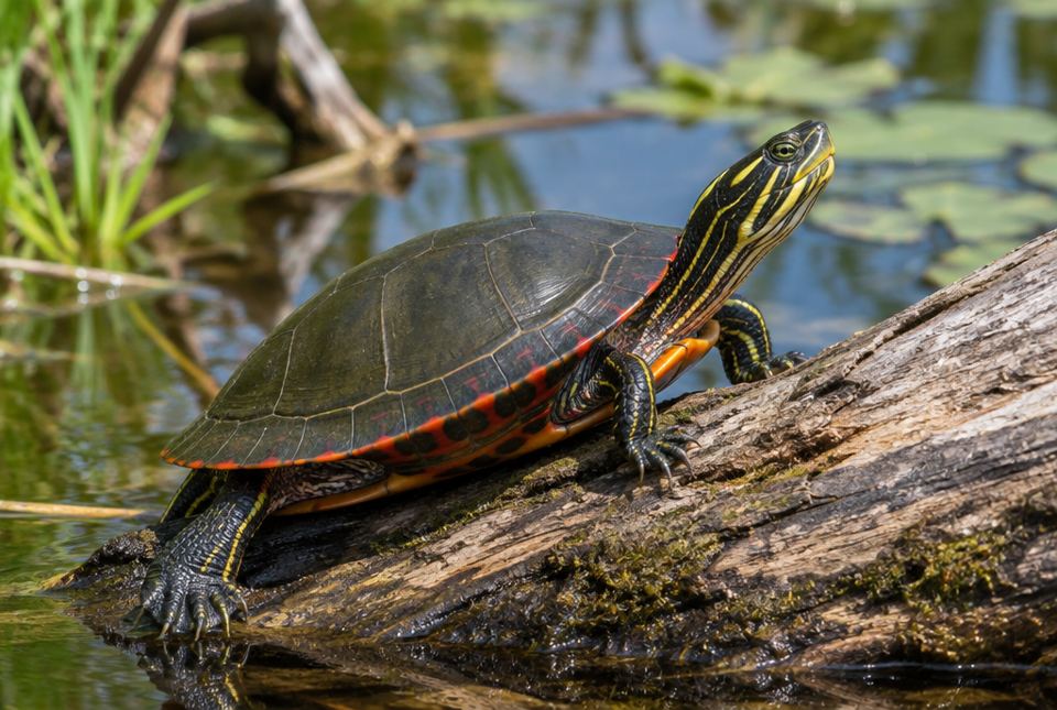 A painted turtle with red and yellow markings resting on a log in a pond.