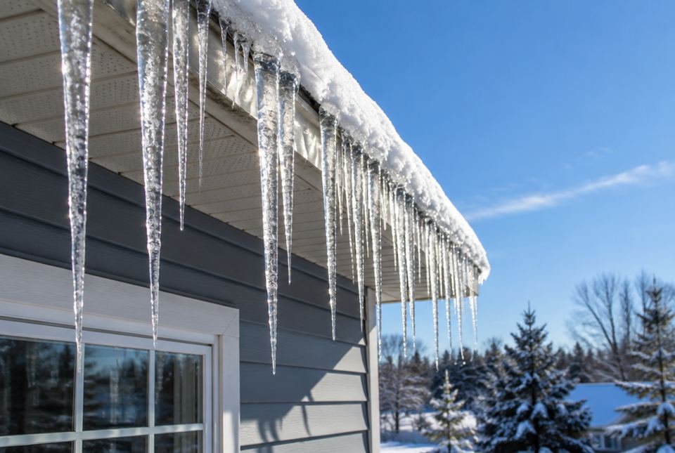 Long icicles hanging from a snowy roof edge on a sunny winter day.