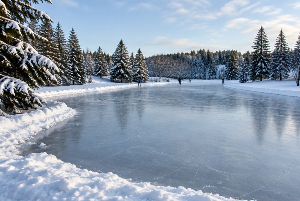 A frozen pond surrounded by snowy evergreen trees, with a few skaters in the distance.