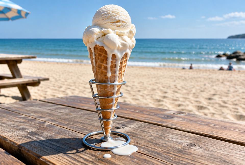 A vanilla ice cream cone melting and dripping onto a picnic table at a sunny beach.