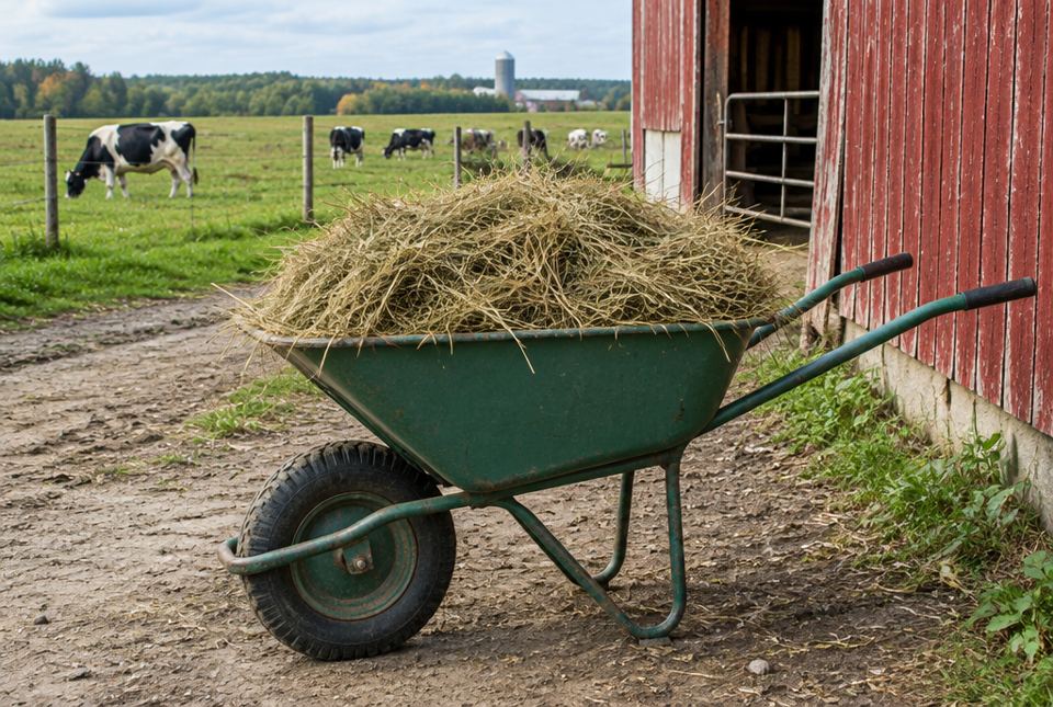 A green wheelbarrow full of hay beside a red barn, with black and white cows grazing in a field behind.