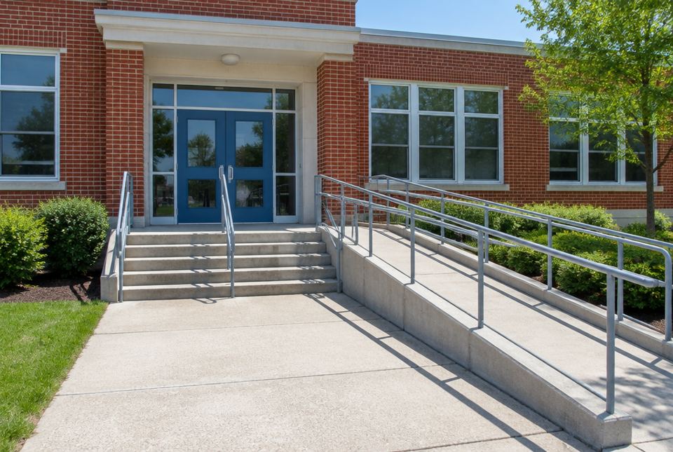 The front of a brick school with steps leading up to the doors and a long ramp with railings beside them.