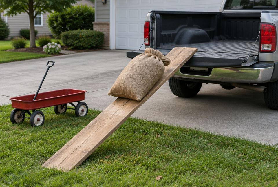 A sack of seed resting on a wooden board that leans from the grass up to the back of a pickup truck, with a red wagon nearby.