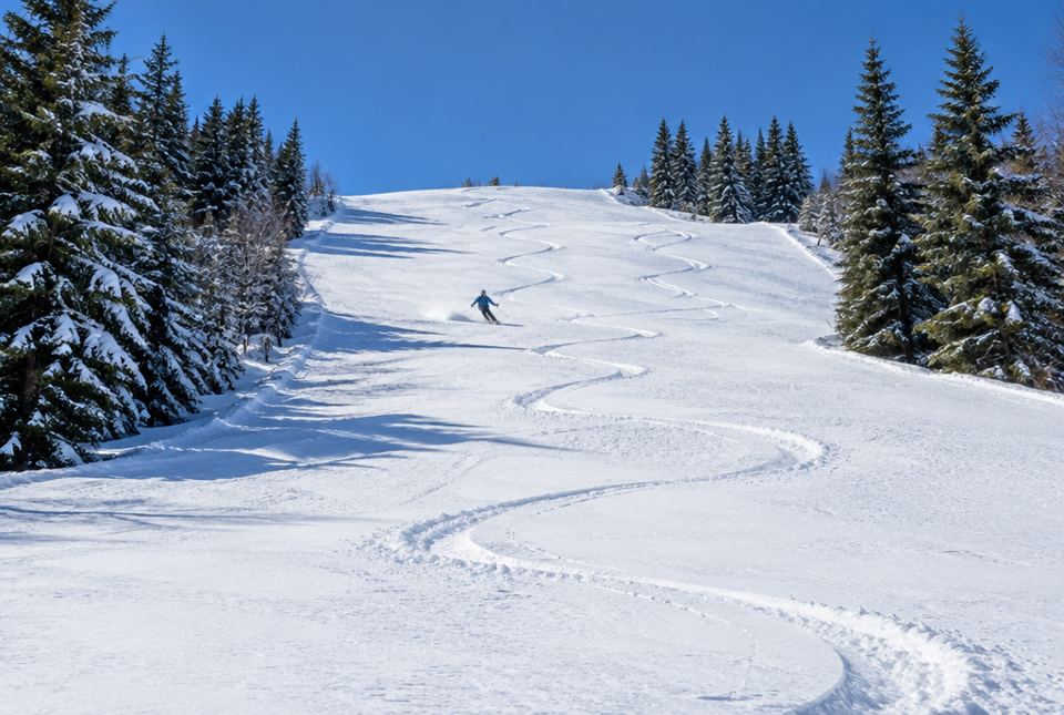 A skier going down a snowy hill between evergreen trees, leaving wavy zigzag tracks in the snow.