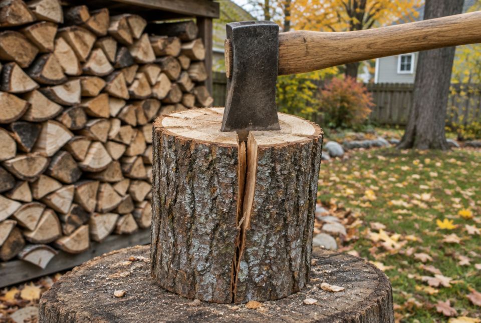 An axe blade stuck in the top of a log on a chopping block, with a crack splitting the log, and stacked firewood behind.