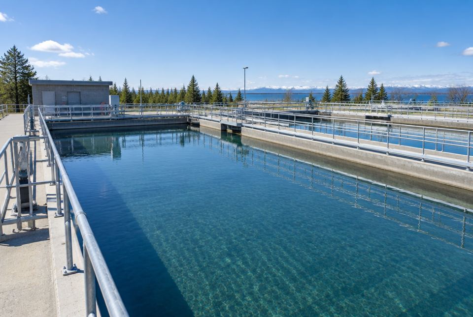 Large open tanks of clear water with metal railings at a water treatment plant.