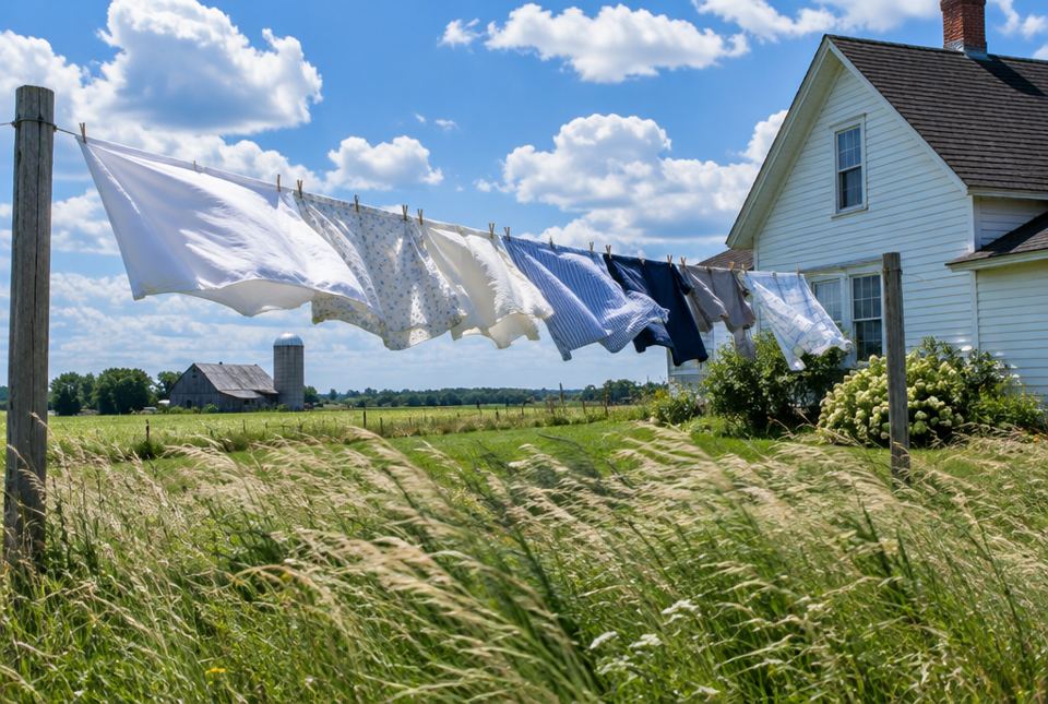 Sheets and shirts on a clothesline blowing sideways in the wind beside a farmhouse, with tall grass bending.