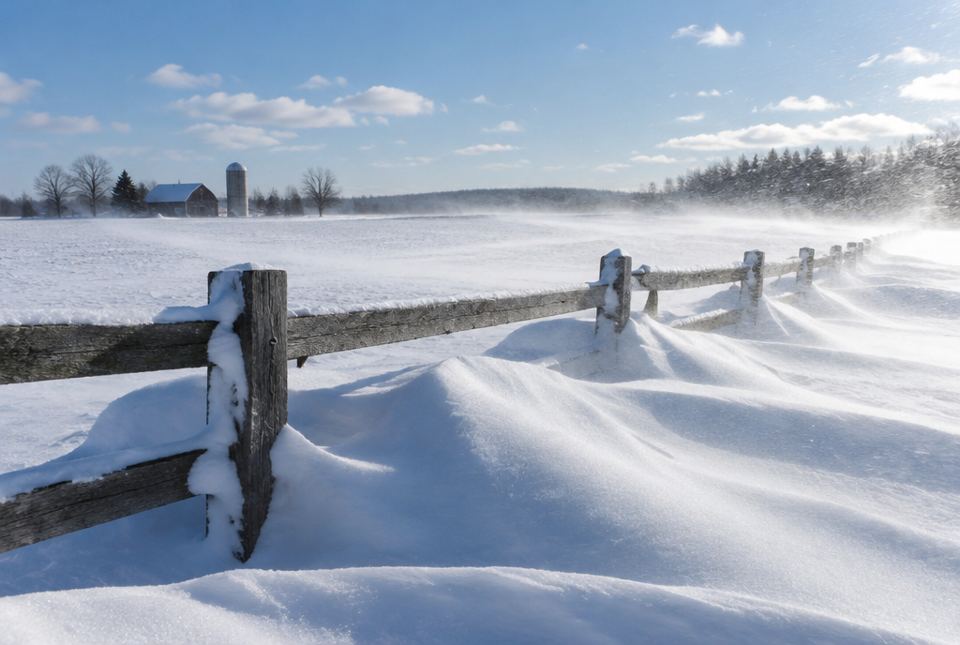 Wind blowing snow across a farm field and piling it into drifts against a wooden fence.