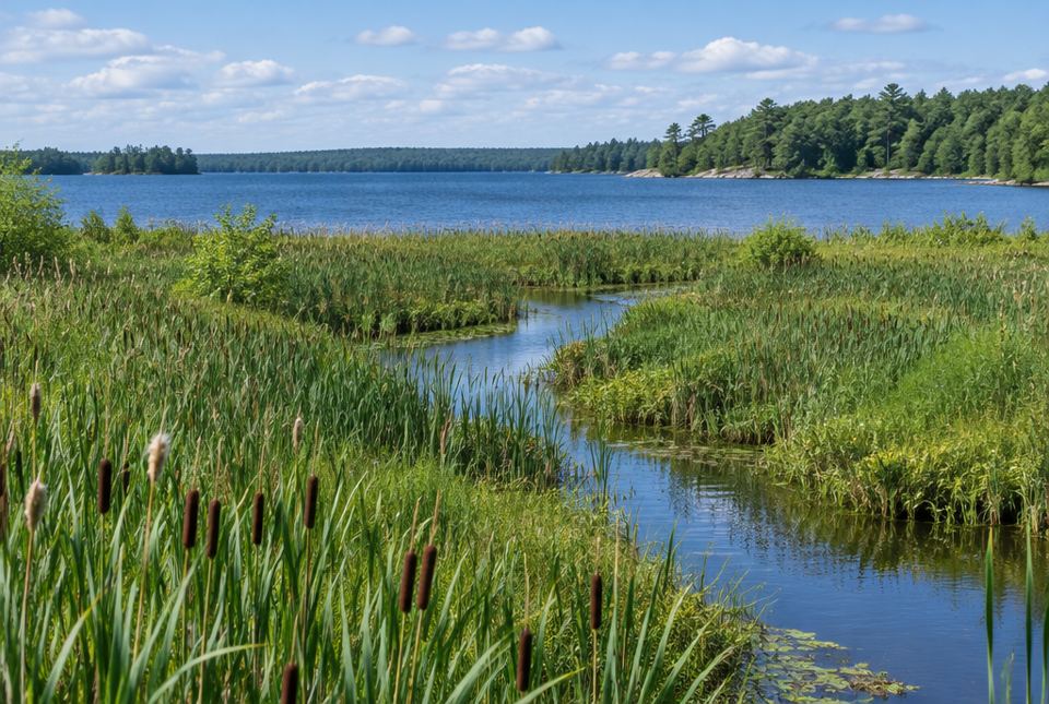A marsh with cattails and a winding stream leading to a large lake surrounded by forest.