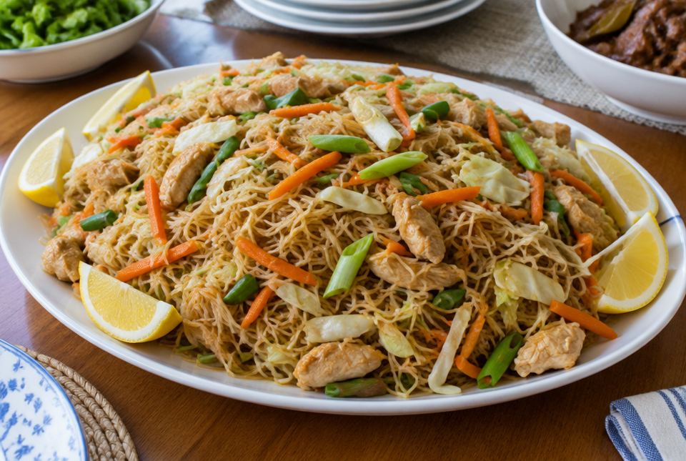 A large platter of pancit noodles with chicken, carrots, cabbage and green onions, with lemon wedges around the edge.