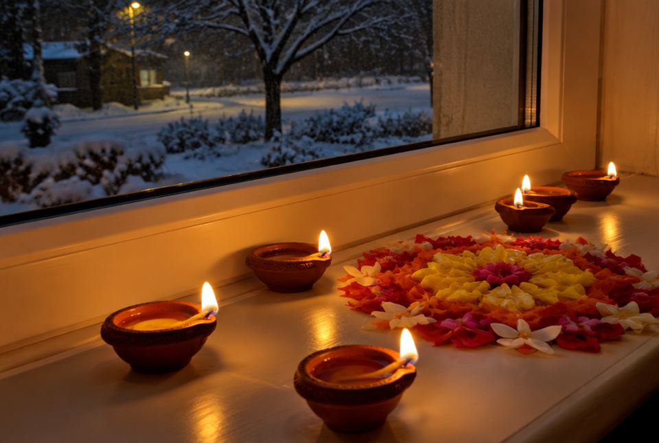 Small clay oil lamps called diyas glowing on a windowsill beside a design made of flower petals, with snow outside the window.