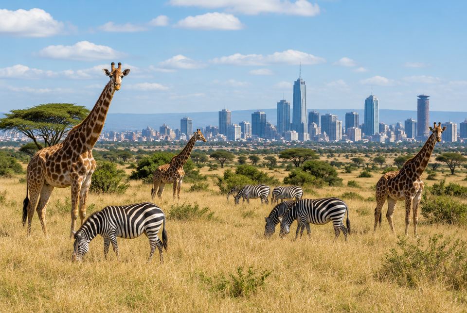 Giraffes and zebras grazing on dry grassland with flat-topped trees, and the tall buildings of a big city in the distance.