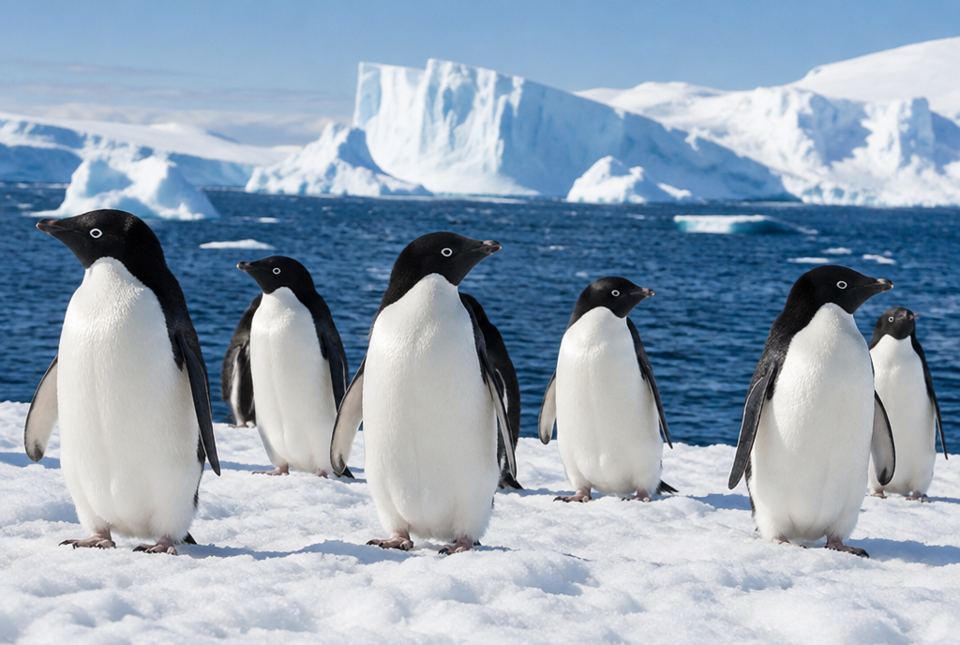 A group of black and white penguins standing on snow beside a dark blue ocean, with huge icebergs behind them.