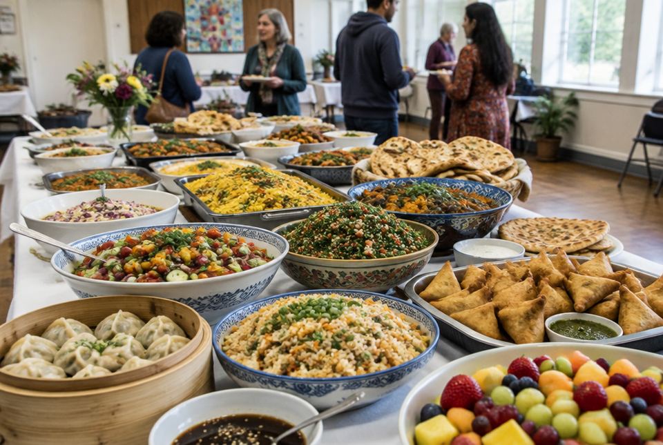 A long table full of dishes from many cultures, such as dumplings, samosas, flatbread, rice and fruit, at a community potluck with people in the background.