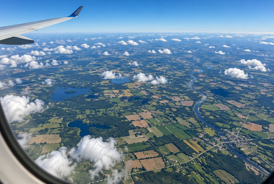 The view from an airplane window high above green fields, lakes, a winding river and a small town, with white clouds below.