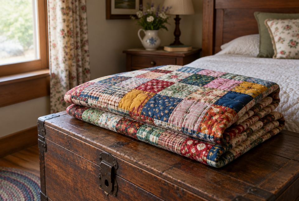 A folded patchwork quilt made of many colourful fabric squares, resting on an old wooden chest at the foot of a bed.