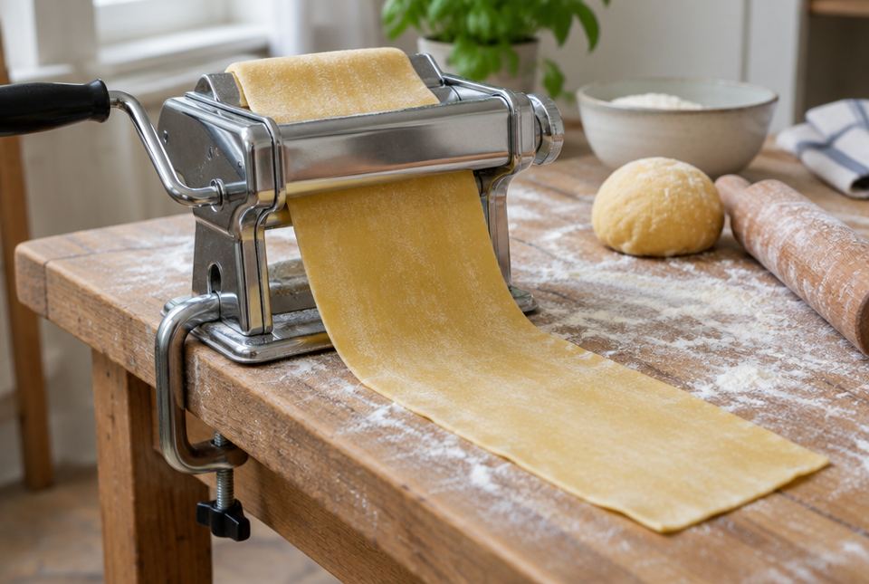 A metal pasta machine clamped to a floured wooden table, with a long sheet of pasta dough coming out of it, a ball of dough and a rolling pin nearby.